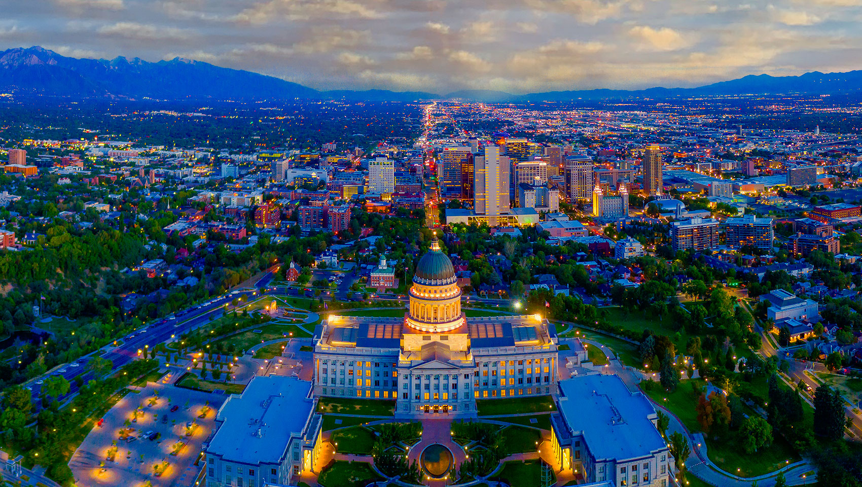 Aerial photo of downtown Salt Lake City at night