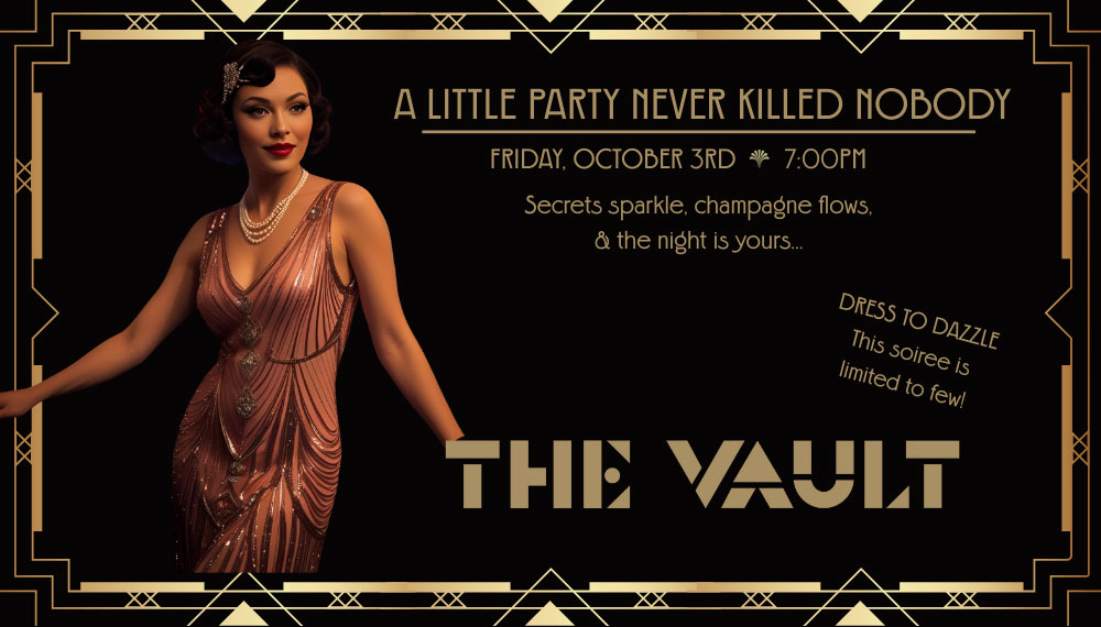 Gatsby Party at the Vault Flyer with woman dressed in flapper clothes - October 3 at 7pm
