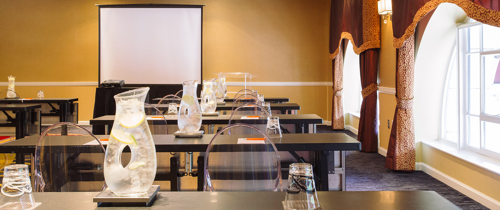 paris meeting room set conference with water carafes